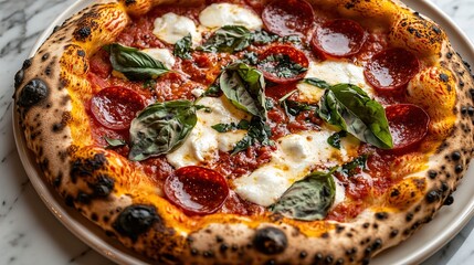 A Rustic Wood-Fired Pizza with Golden Crispy Crust, Bubbling Mozzarella, Tangy Tomato Sauce, Pepperoni, Fresh Basil, and Olive Oil Drizzle on Cutout Background