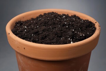 Close-up view of soil in a flower pot illuminated with soft lighting for detailed texture