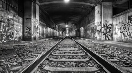 Obraz premium Graffiti-Covered Railway Tunnel: A Monochromatic Journey