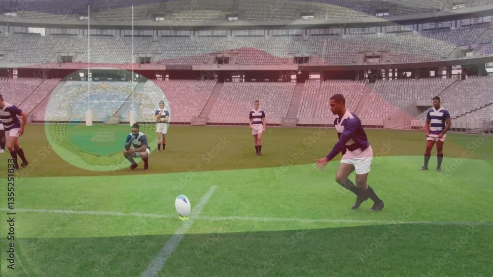 Poster On field, rugby players in action with animation of globe overlaying scene