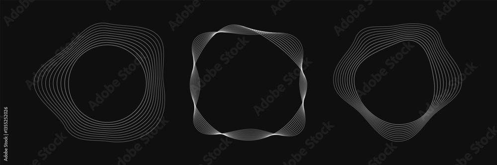 Poster set of round curved frames with dynamic wavy stripes