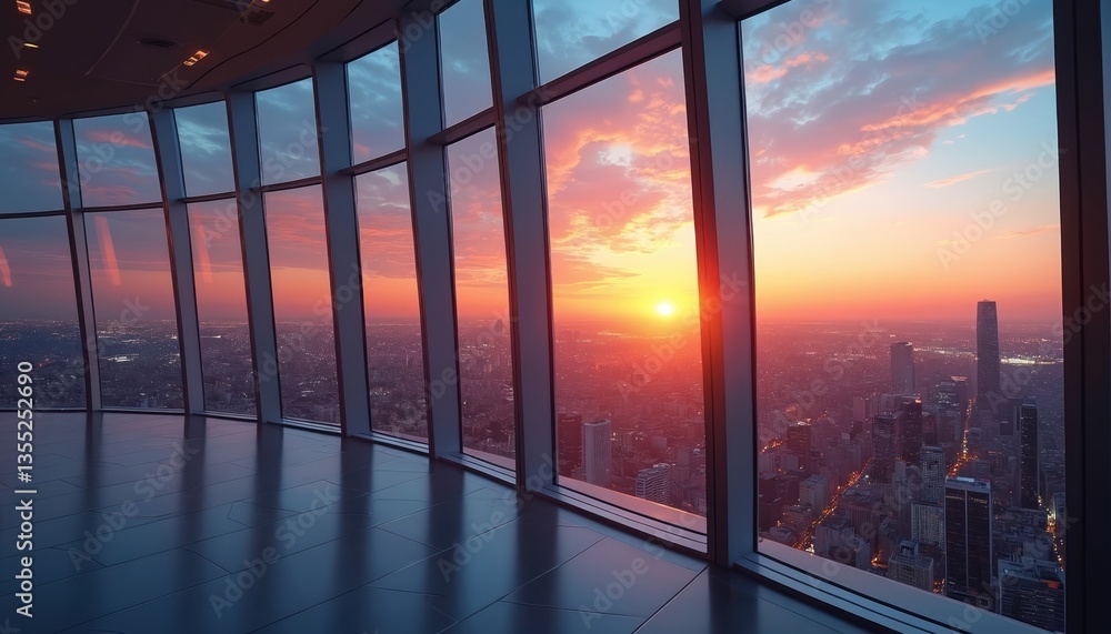 Poster sunset view from a high-rise office building with panoramic windows. modern architecture city skylin