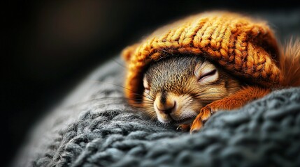 Obraz premium A close-up of a cat wearing a knitted hat sleeping on a person's arm