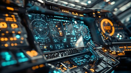 Fototapeta premium Futuristic spaceship console displays complex data streams.