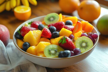 Colorful bowl of fresh fruit on a wooden table with natural light illuminating the scene