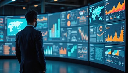 Man in suit looks at data analytics charts screens. Business intelligence, big data visualization. Finance, investment, marketing analysis. Digital technology for business, AI, software, futuristic