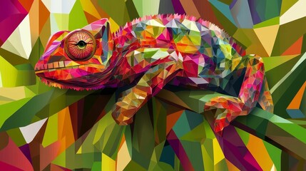 Colorful chameleon polygonal art reptile on branch.