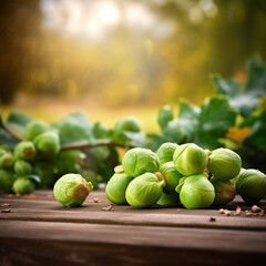 Fresh green hazelnuts on wooden table in a lush garden background  