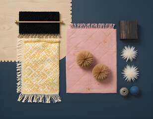 "Stylish Arrangement of Textiles and Decorative Items with Brass Bar and Geometric Shapes"