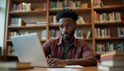 Young black college student studies in library. Man uses laptop, researches for academic project. Bookshelves in background. Tech, education concept. Modern digital learning.