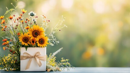   A sunflower arrangement in a present container with a ribbon displayed on a nearby table amidst hazy surroundings