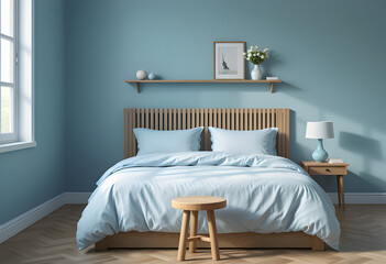 "Serene Bedroom Design – Soft Blue Walls, Light Blue Bed & Wooden Accents"