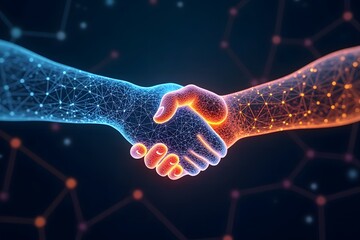Glowing Wire-frame Hands, Business Handshake, Technology, Trust Concept