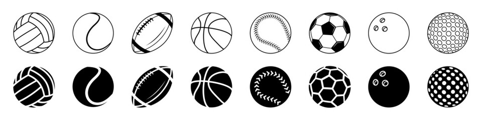 Ball icon set. Linear, silhouette, flat. Set of black and white sports ball icons. © LOBSTER LARRY