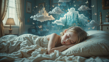 A young girl peacefully sleeps, dreaming of a magical castle floating on clouds, surrounded by butterflies in a soft, dreamy, nighttime bedroom setting.