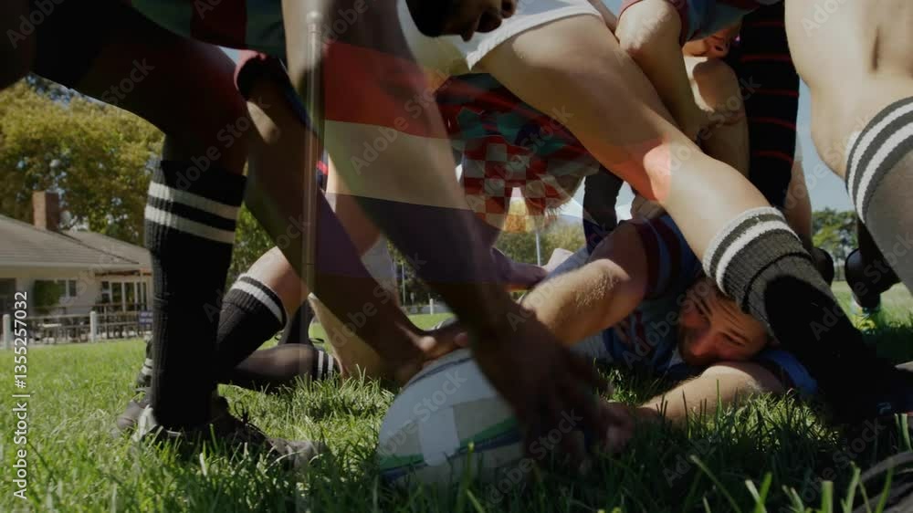 Poster competing for ball, rugby players in action during intense match on field animation