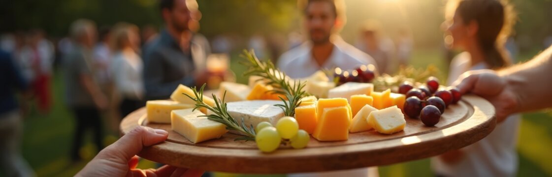 Person holds cheese platter at outdoor social gathering. Various types of cubed cheese garnished herbs grapes on wooden board. Blurred background with people, natural warm light. Party, celebration.