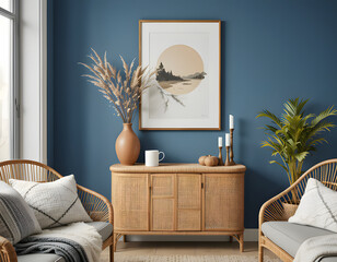 "Elegant Bohemian Aesthetic – Framed Art, White Candles & Rattan Details"