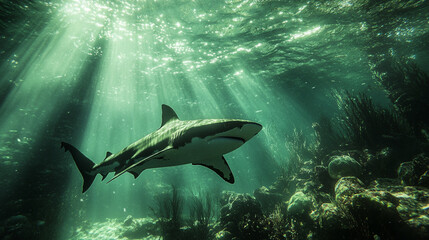 Fototapeta premium A blacktip reef shark swims gracefully in sunlit ocean water above a vibrant coral reef.