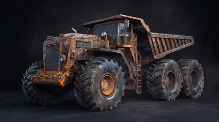 Obraz premium Rusty, old, large mining dump truck on dark background.