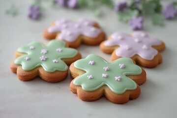 Four flower-shaped cookies decorated with green and purple icing, placed on a light background with soft floral accents