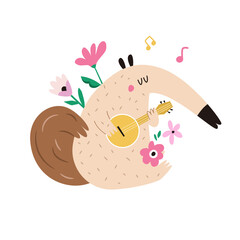 Vector illustration of cute anteater with blooming flowers in a childish flat style.