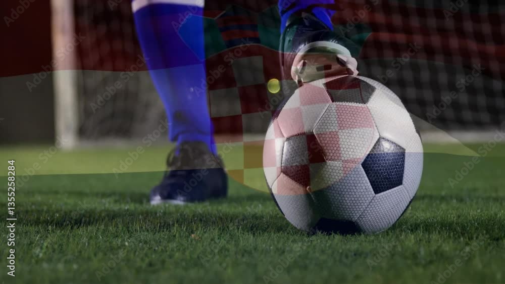 Poster preparing to kick ball, soccer player with flag animation overlay on field