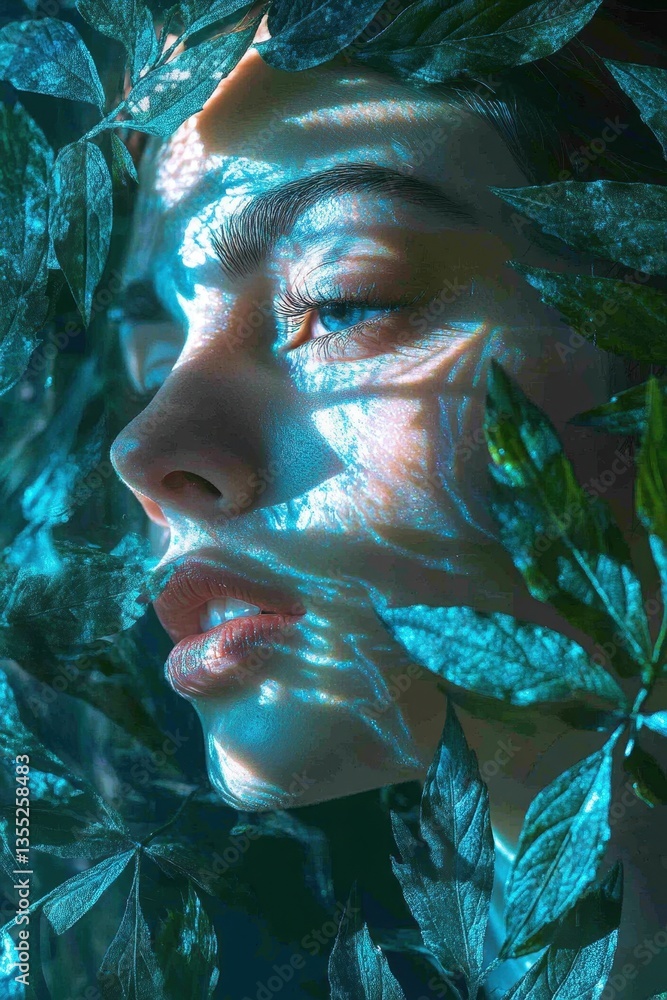 Poster enchanting face and foliage: a mesmerizing portrait captures a face framed by vibrant green leaves. 