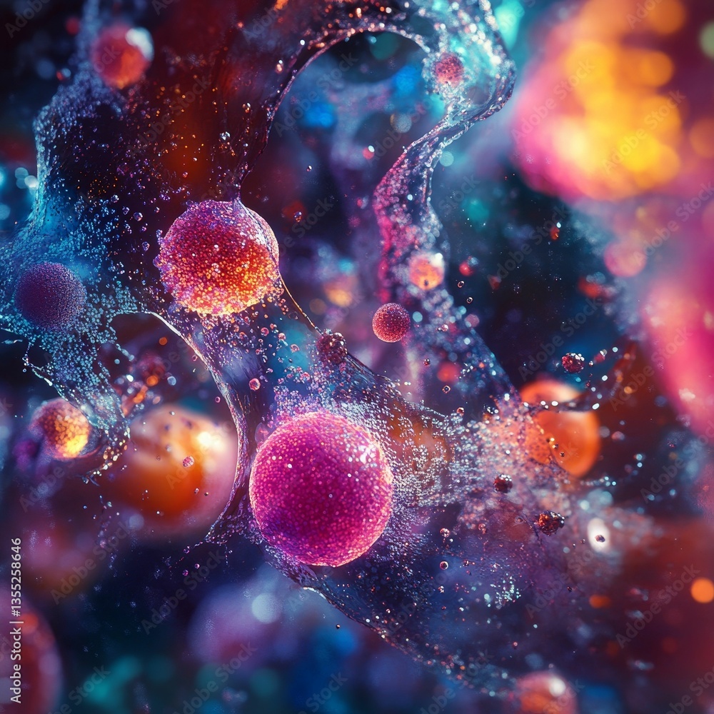 Poster abstract colorful cellular structure with floating spheres.