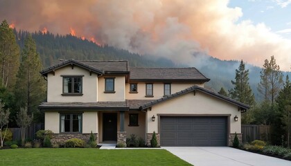 Fire resistant house stands against forest fire. Modern building, fireproof roofing, walls built from sustainable materials. Protection from wildfires, eco-friendly home, safety concept.