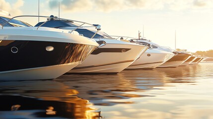 Row of Luxury Yachts Docking at Marina During Golden Hour Sunset