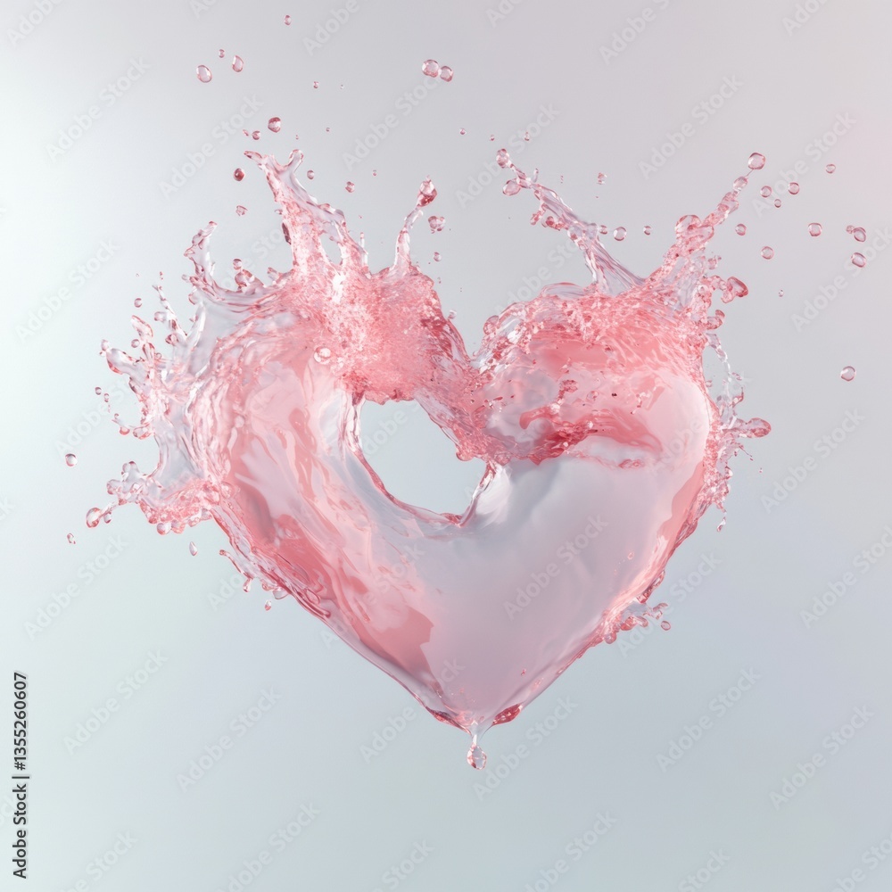 Poster heart shape made of water with delicate splashes on light red background and soft lighting details e