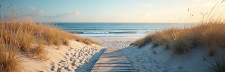 Wooden boardwalk leads to calm ocean. Sandy beach with sea grass on dunes. Blue sky, sunny day. Scenic travel destination for vacation, summer holidays. Peaceful nature seascape.