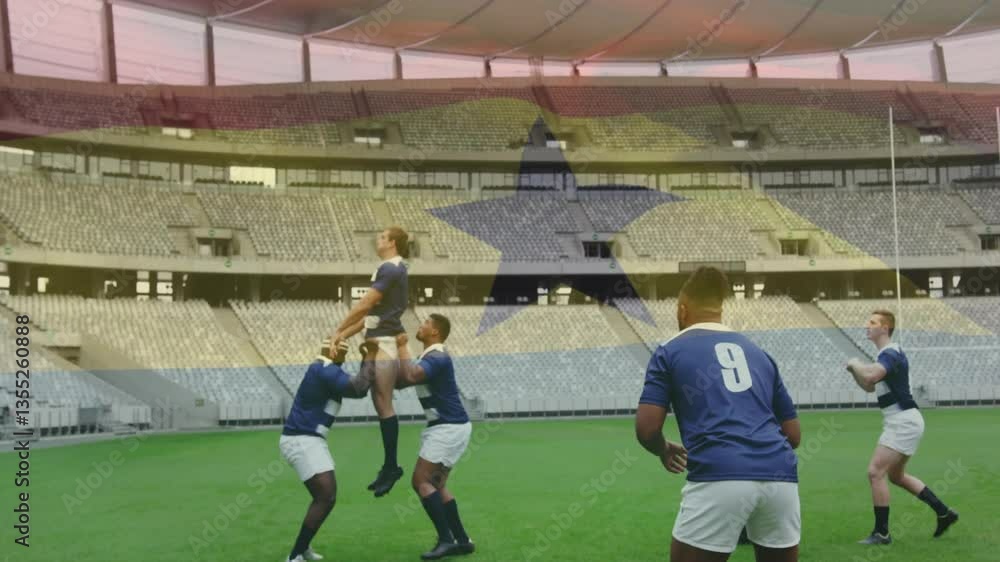 Poster practicing line-out technique, rugby players in empty stadium focusing on teamwork