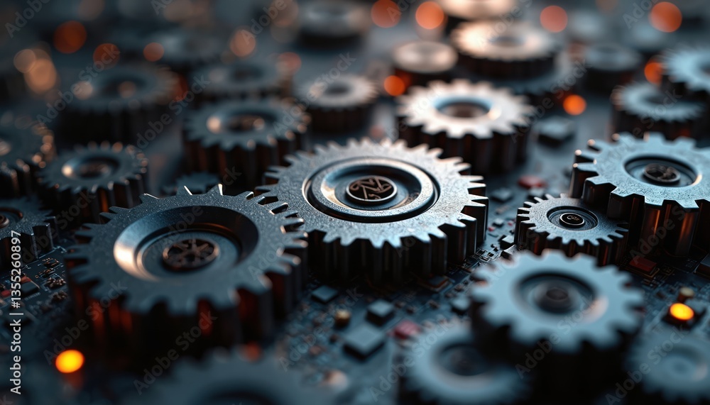 Poster Illustration interconnected gears on dark background. Represents automation, efficiency, seamless integration of modern processes. Gears symbolize teamwork, industry, mechanical engineering,