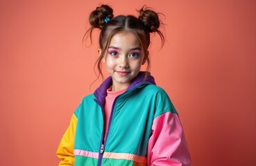 Young girl in colorful 90s fashion with trendy makeup, hairstyle. Retro style outfit, pop culture. Cute kid in bright clothes. Youth beauty model poses for camera. Portrait on orange background.