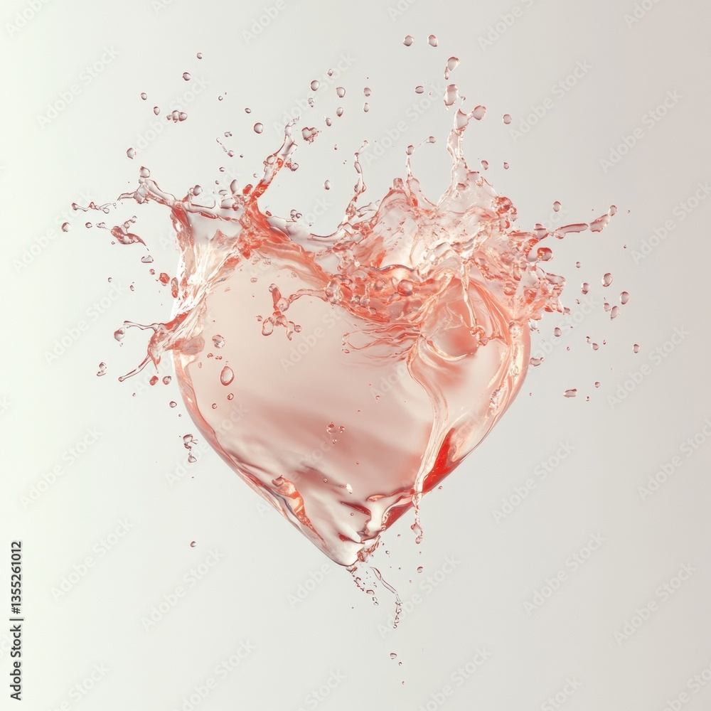 Poster heart shape created by splashing water on a white background with light red accents and delicate det