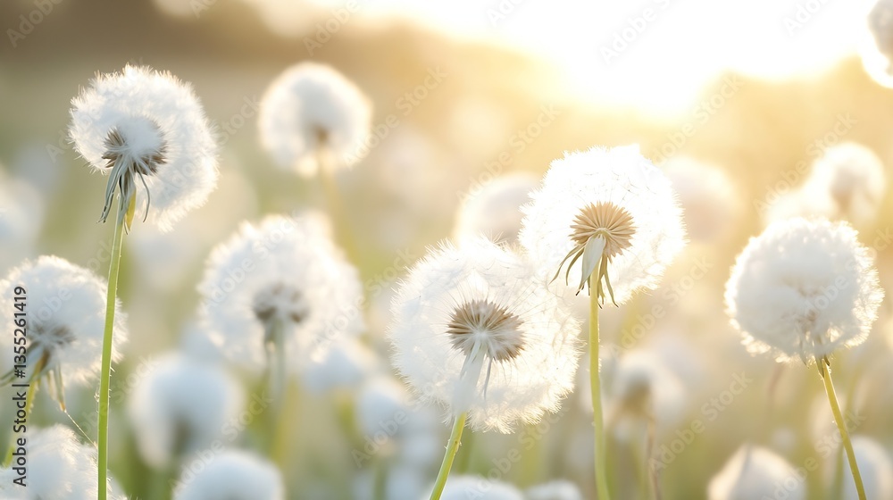 Aufkleber beautiful dandelion flowers illuminated by the warm sunlight in a serene field during golden hour : 