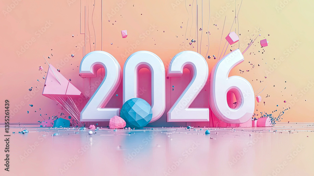 Poster celebrating the vibrant arrival of 2026 with whimsical design elements and playful shapes