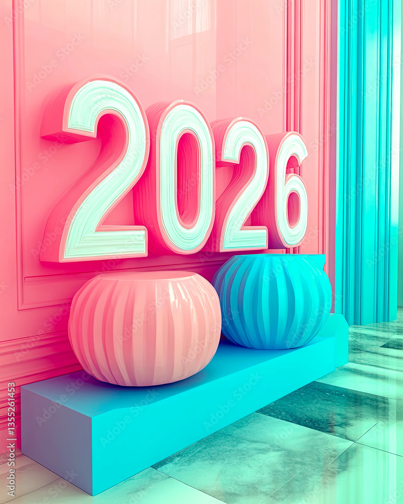 Poster creative display of vibrant 2026 numbers with colorful decor in a modern pastel environment