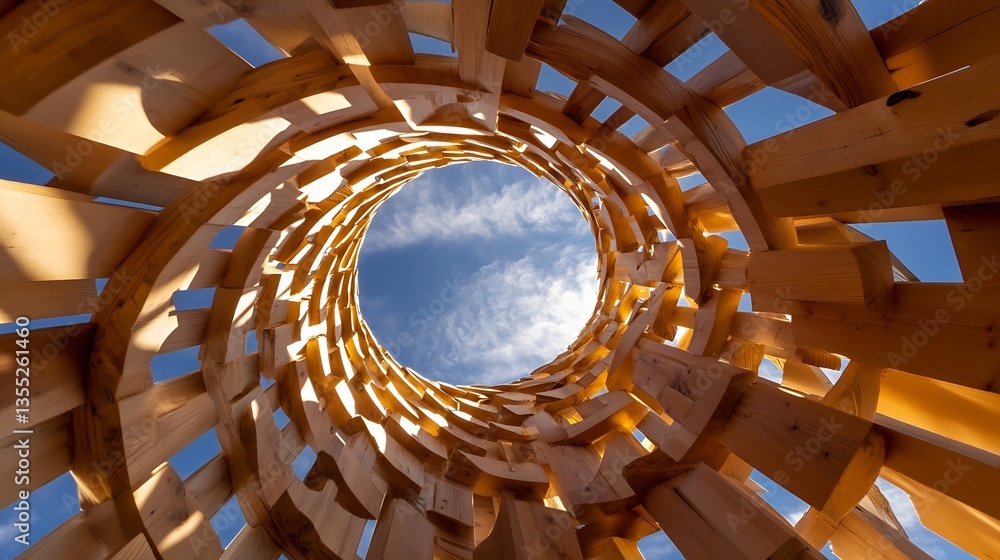 Poster Unique Architectural Structure Viewed from Inside Showing Wooden Spiral Design Against the Sky : Generative AI