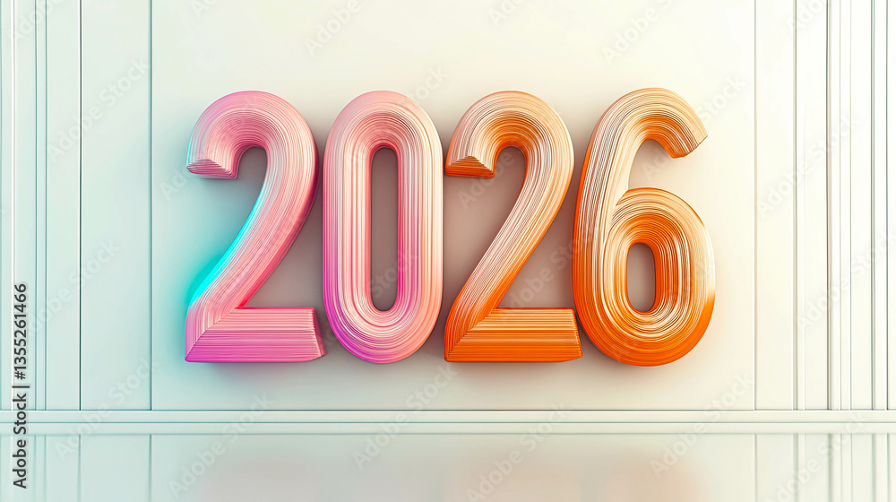 Poster Bold and colorful representation of the year 2026 with creative design elements in a bright setting