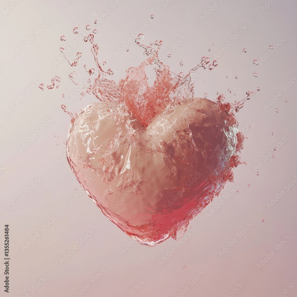 Poster water heart shape isolated on white background with light red splash and delicate droplets highlight
