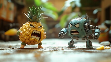 Angry pineapple confronting a robotic creation, gentle blur in the backdrop.