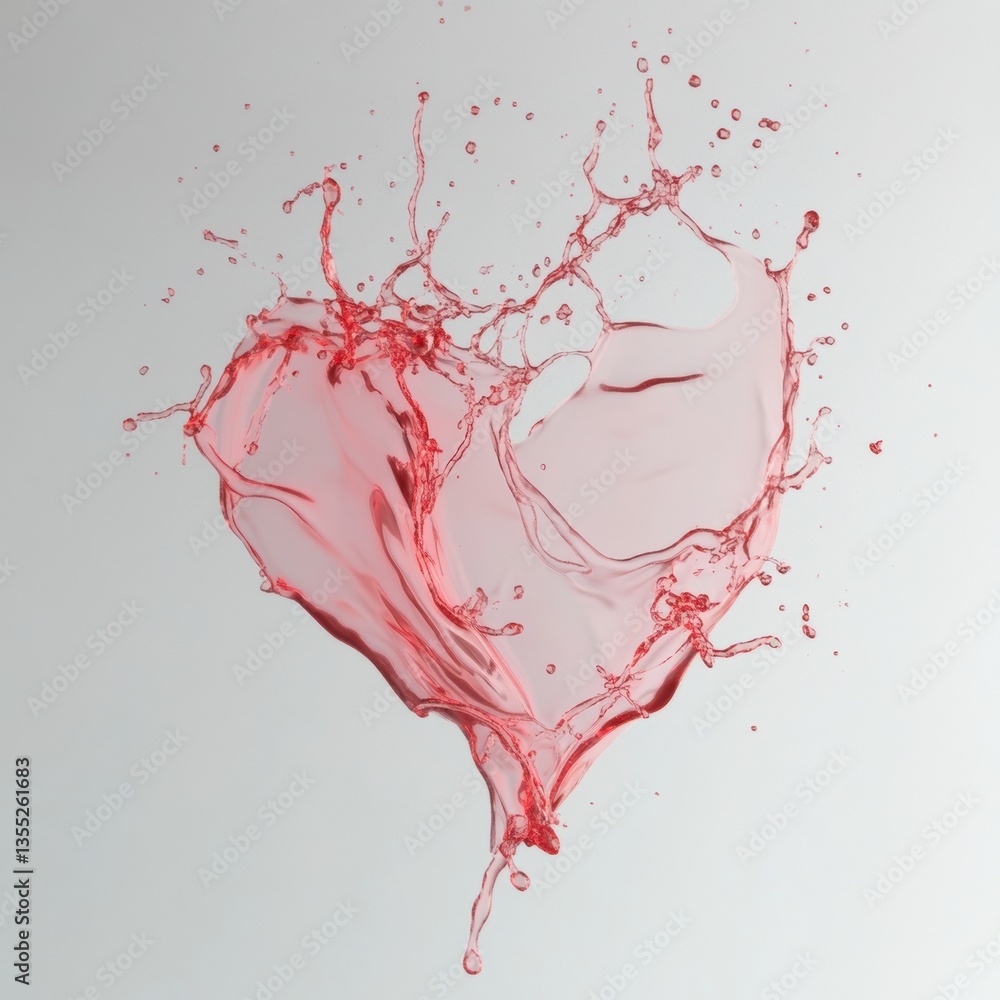 Poster heart shape created from water with delicate splashes and light red accents on a white background ge
