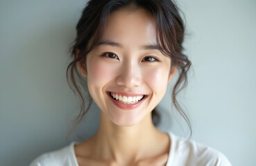 Naklejka premium Beautiful Japanese woman smiles. She has perfect white teeth. Portrait of young asian female in light background. Happy face, dental health, beauty concept.
