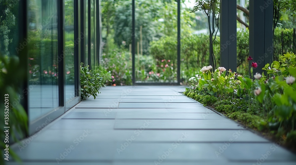 Aufkleber serene garden pathway with lush greenery and blooming flowers next to modern architecture : generati