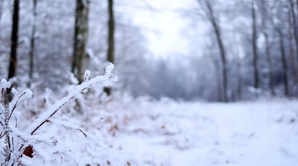 Poster A closeup view of a snowcovered forest path with frosty branches creating a winter wonderland : Generative AI