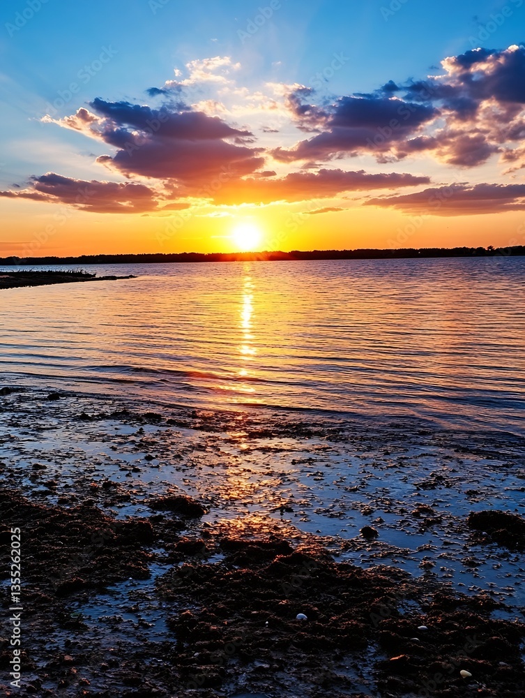 Aufkleber serene sunset over calm water with vibrant clouds reflecting on the surface : generative ai