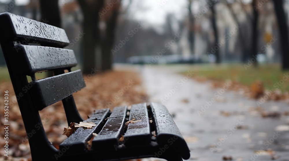 Poster Raindrops on a wet park bench in a tranquil setting with leafy surroundings in autumn : Generative AI
